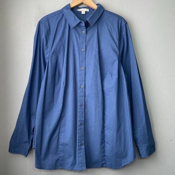 Woman Within Size 18 20 L Blue Button Up Shirt Stretch Cotton Stuctured Career - Picture 1 of 9